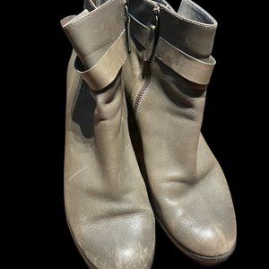 Classic Olive leather ankle boot with stacked 2.5" wood heel.